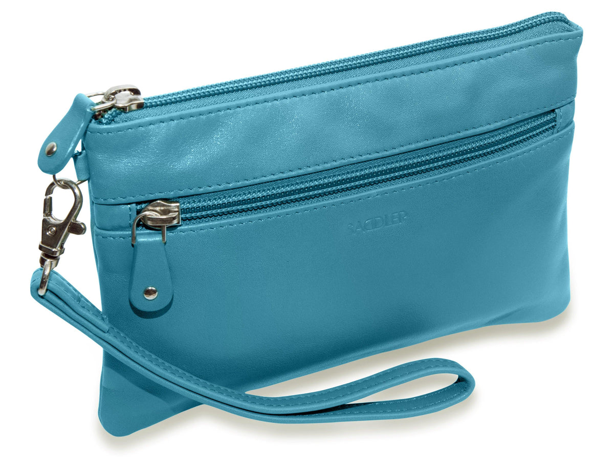 SADDLER SCARLETT Leather Zip Top Mini Clutch - Phone Holder with Detachable Wrist Strap - RFID Protected